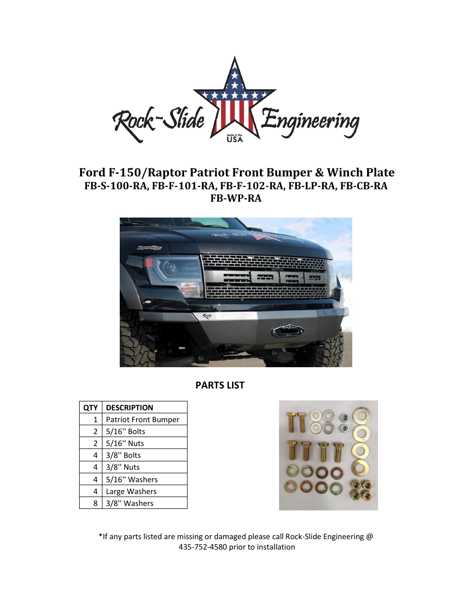 Rock-Slide Engineering PATRIOT SERIES – FRONT BUMPER User Manual | 4 pages