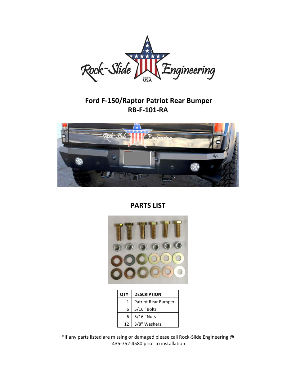 Rock-Slide Engineering PATRIOT SERIES – REAR BUMPER User Manual | 2 pages