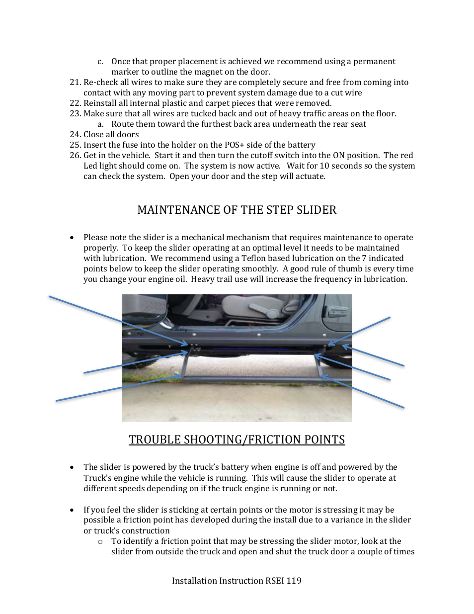 Maintenance of the step slider, Trouble shooting/friction points | Rock-Slide Engineering RAPTOR – STEP SLIDER User Manual | Page 11 / 12