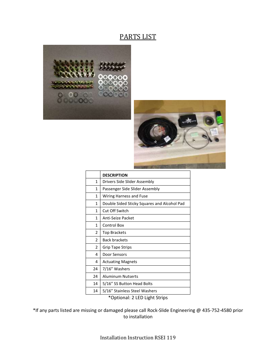 Parts list | Rock-Slide Engineering RAPTOR – STEP SLIDER User Manual | Page 2 / 12