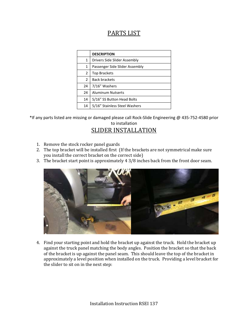 Parts list, Slider installation | Rock-Slide Engineering RAPTOR – SLIDER User Manual | Page 2 / 5