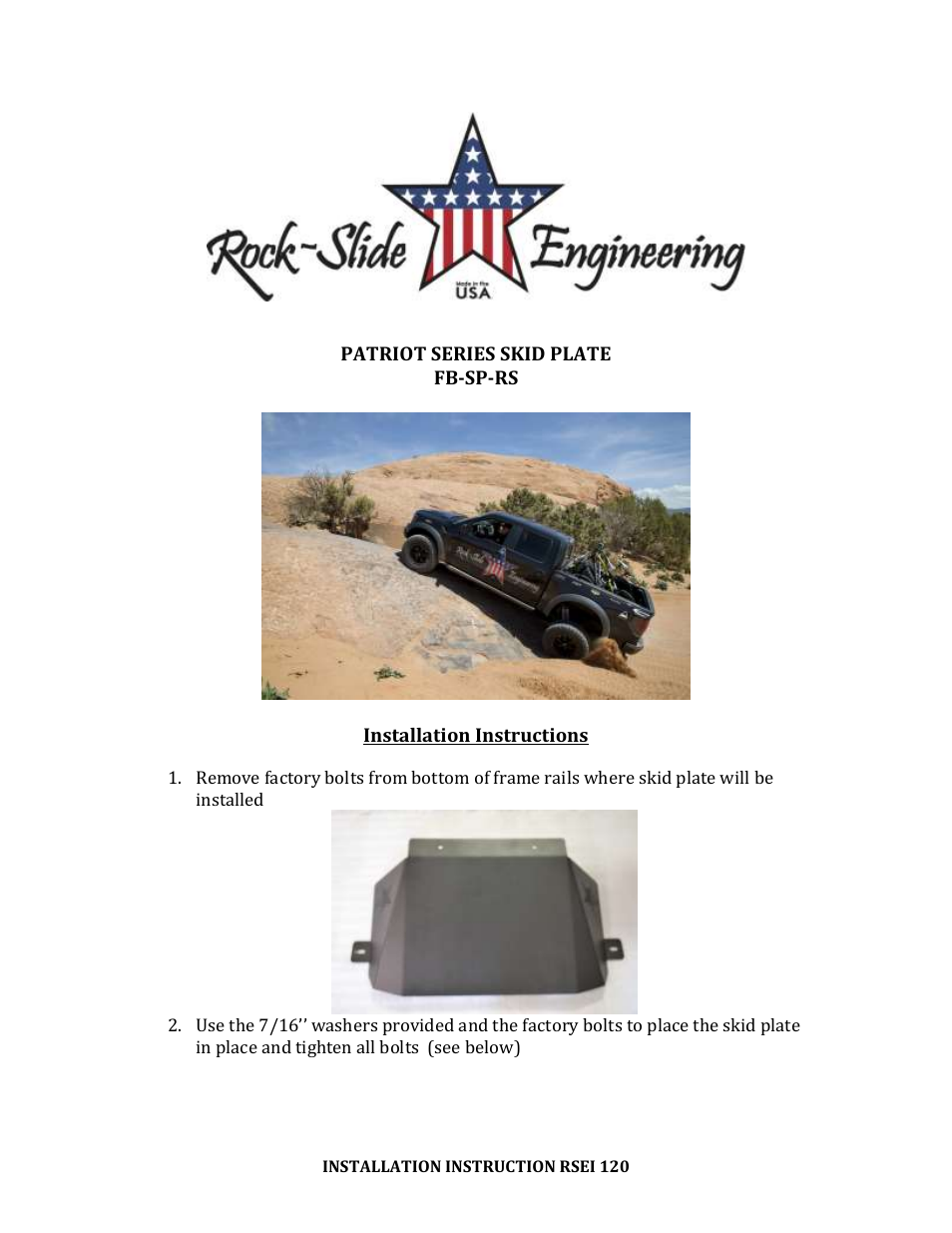 Rock-Slide Engineering PATRIOT SERIES – SKID PLATE User Manual | 2 pages