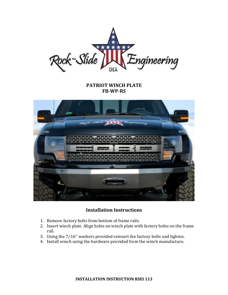 Rock-Slide Engineering PATRIOT SERIES – WINCH PLATE User Manual | 2 pages