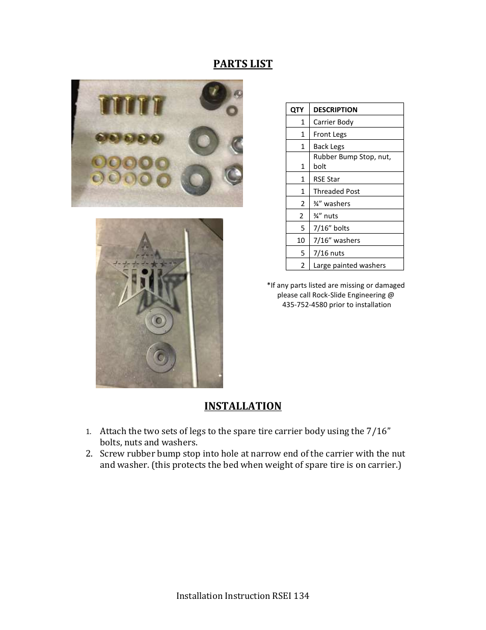 Parts list, Installation | Rock-Slide Engineering RAPTOR – SPARE TIRE CARRIER User Manual | Page 2 / 4