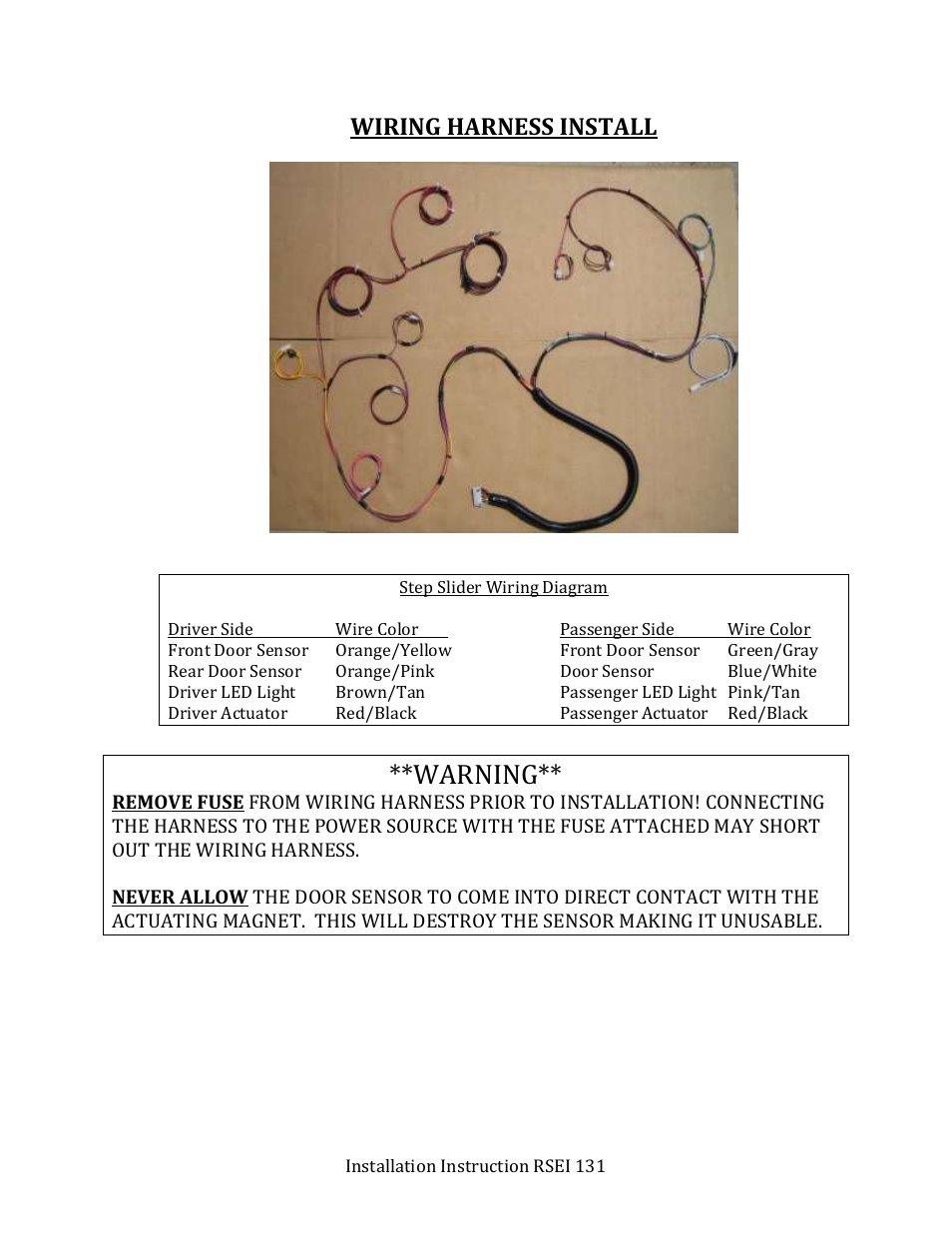 Warning, Wiring harness install | Rock-Slide Engineering TUNDRA SERIES – STEP SLIDER User Manual | Page 7 / 12