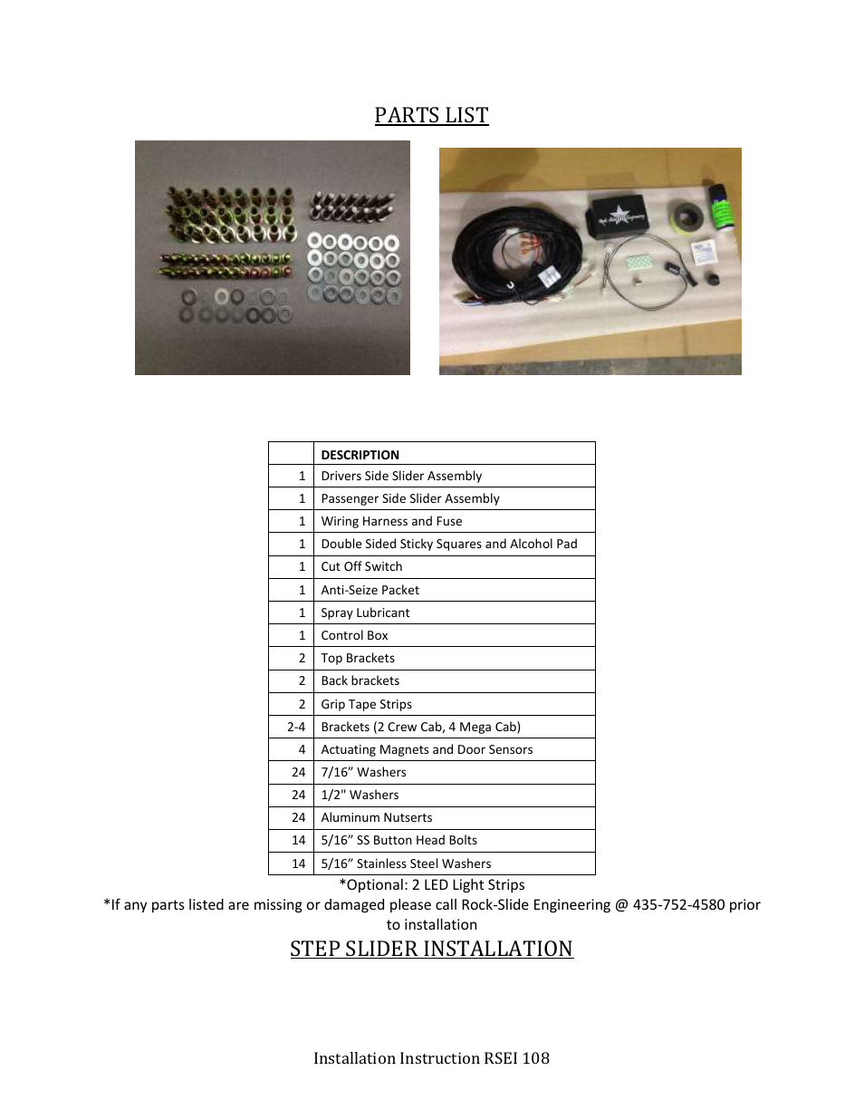 Parts list, Step slider installation | Rock-Slide Engineering RAM STEP SLIDER User Manual | Page 2 / 13