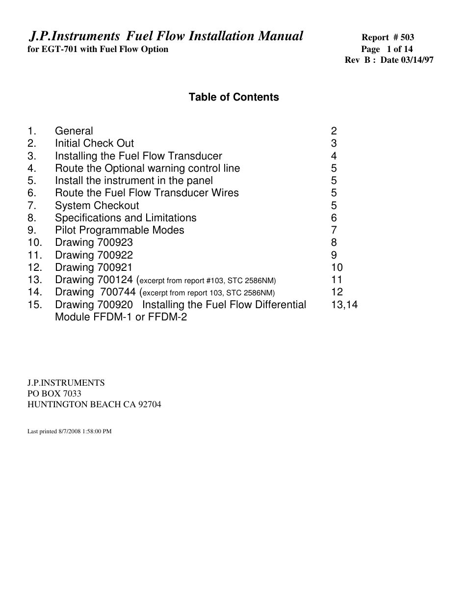 J.P. Instruments EDM 730 Fuel Flow Installation Manual User Manual | 14 pages