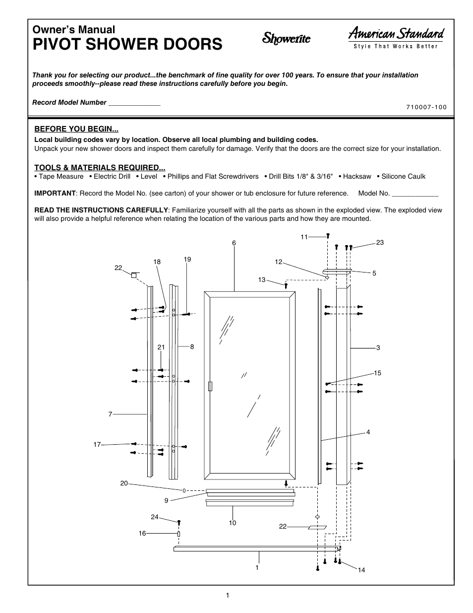 American Standard PIVOT SHOWER DOORS 710007-100 User Manual | 6 pages