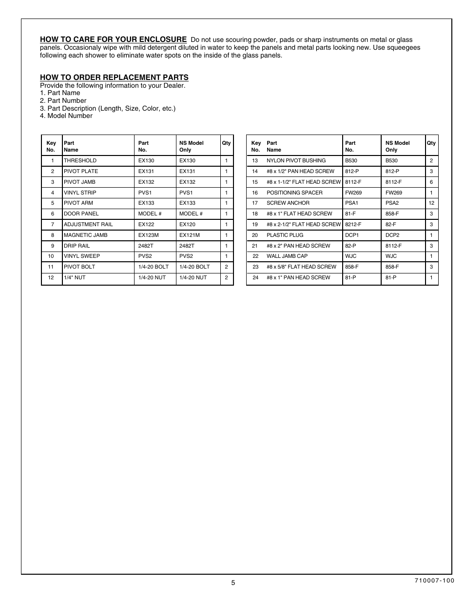 How to care for your enclosure, How to order replacement parts | American Standard PIVOT SHOWER DOORS 710007-100 User Manual | Page 5 / 6