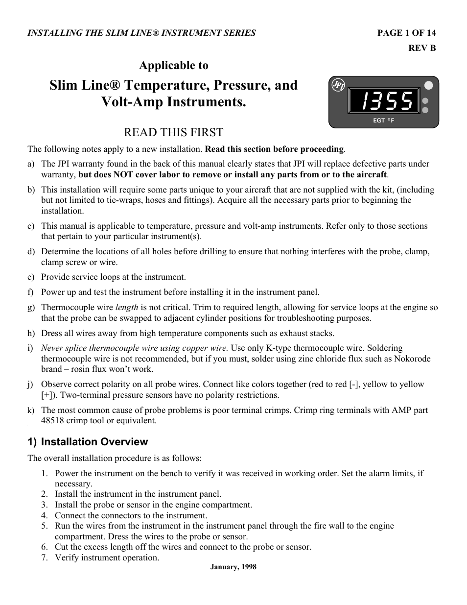 J.P. Instruments Slim Line Gauges Installation Guide User Manual | 14 pages
