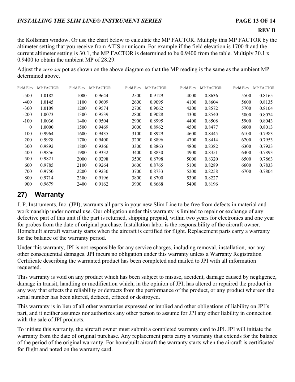 27) warranty | J.P. Instruments Slim Line Gauges Installation Guide User Manual | Page 13 / 14