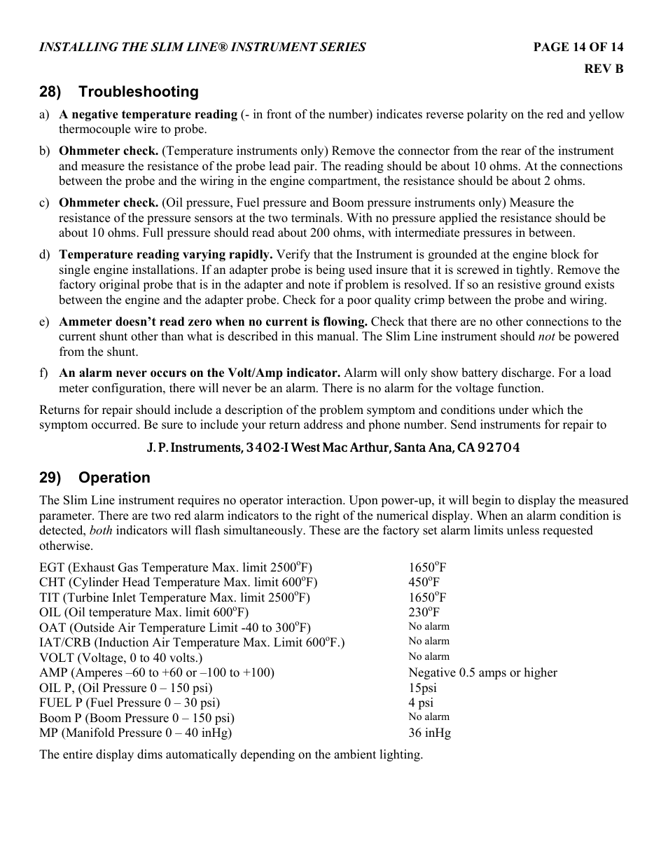 28) troubleshooting, 29) operation | J.P. Instruments Slim Line Gauges Installation Guide User Manual | Page 14 / 14