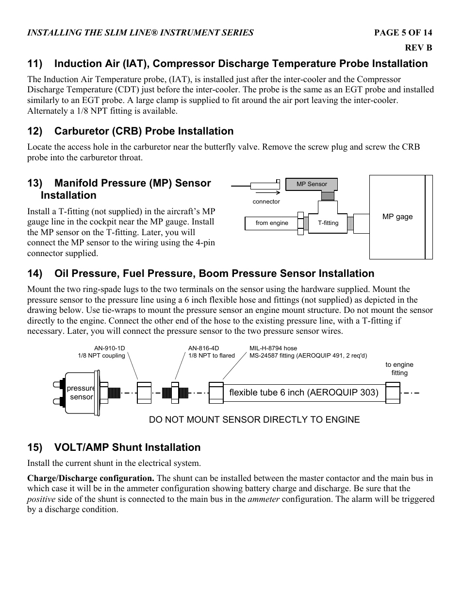 12) carburetor (crb) probe installation, 13) manifold pressure (mp) sensor installation, 15) volt/amp shunt installation | J.P. Instruments Slim Line Gauges Installation Guide User Manual | Page 5 / 14