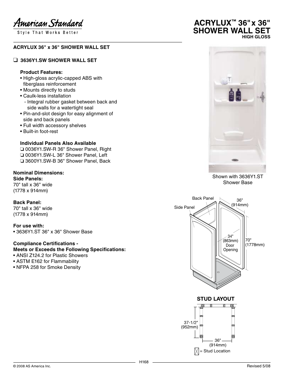 American Standard Acrylux Shower Wall Set 3636Y1.SW User Manual | 1 page