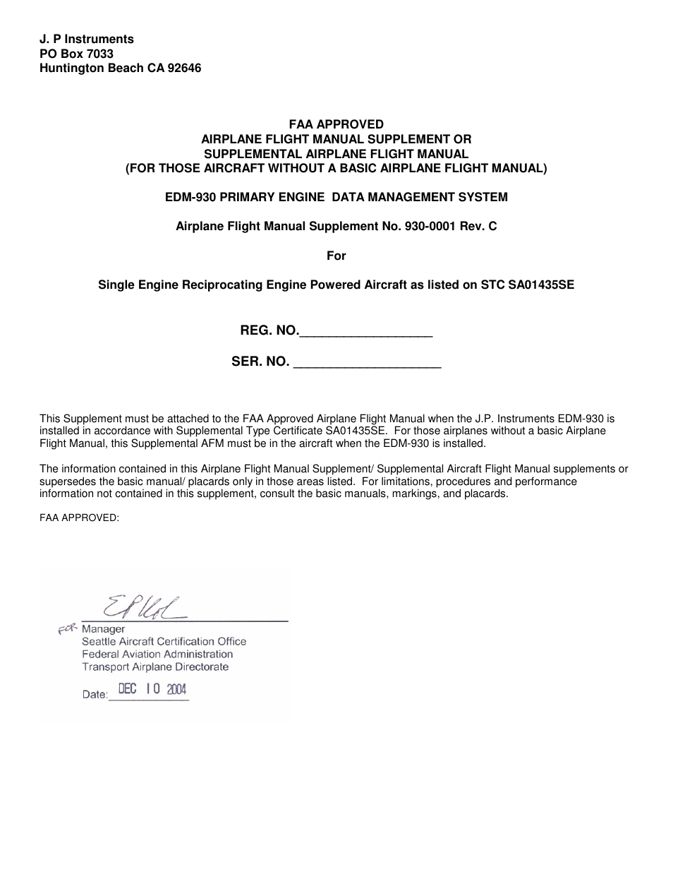 J.P. Instruments EDM 930 Primary Flight Manual Supplement User Manual | 4 pages