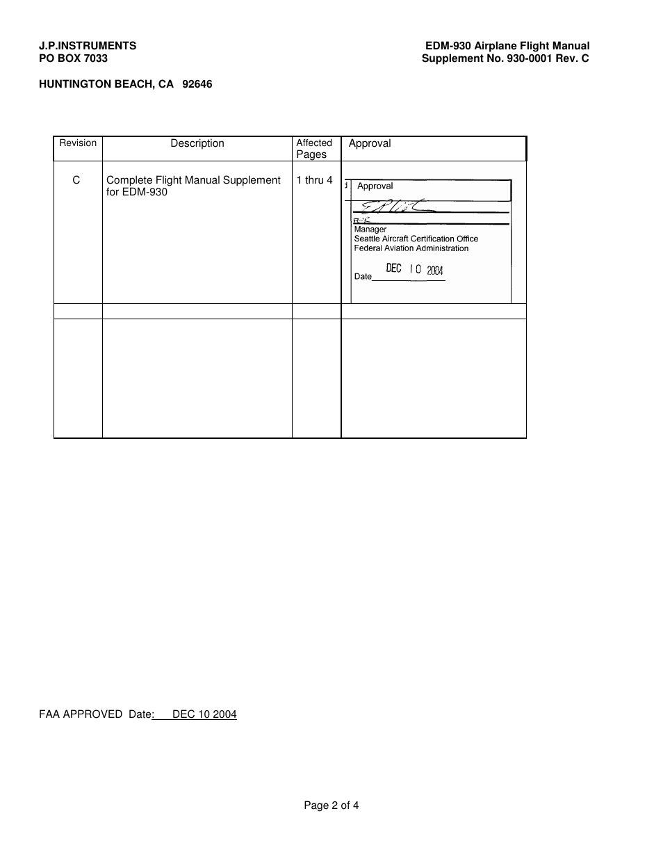 J.P. Instruments EDM 930 Primary Flight Manual Supplement User Manual | Page 2 / 4