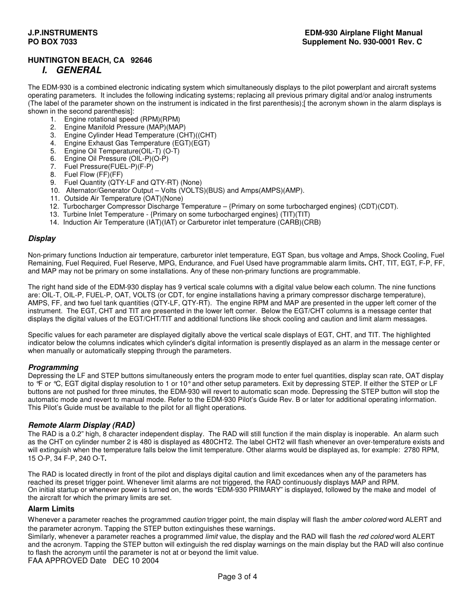 J.P. Instruments EDM 930 Primary Flight Manual Supplement User Manual | Page 3 / 4