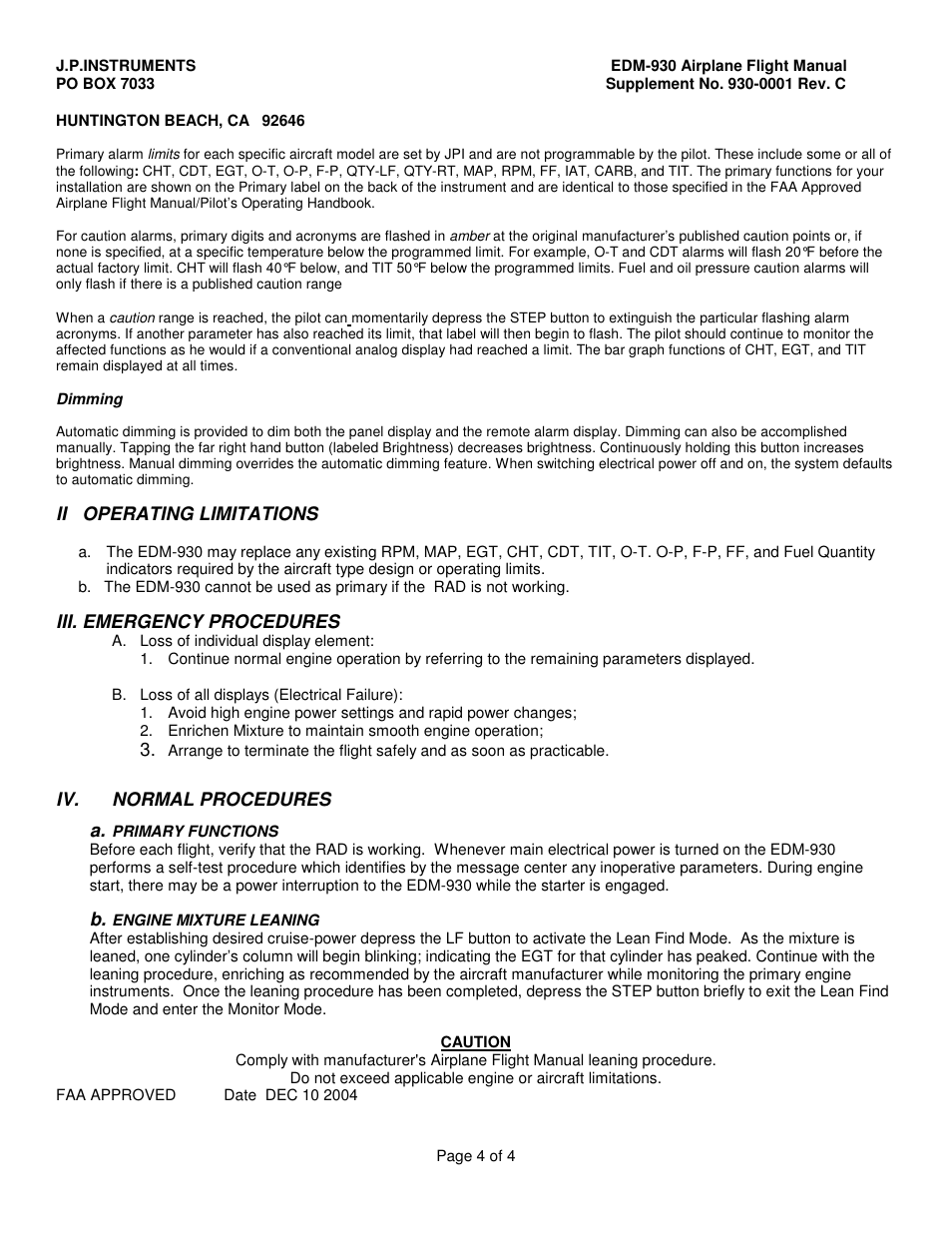 J.P. Instruments EDM 930 Primary Flight Manual Supplement User Manual | Page 4 / 4
