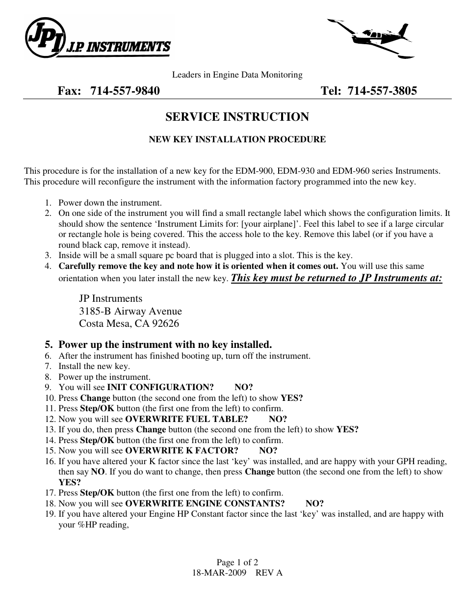 J.P. Instruments EDM 930 Primary Primary Key Installation Procedure User Manual | 2 pages
