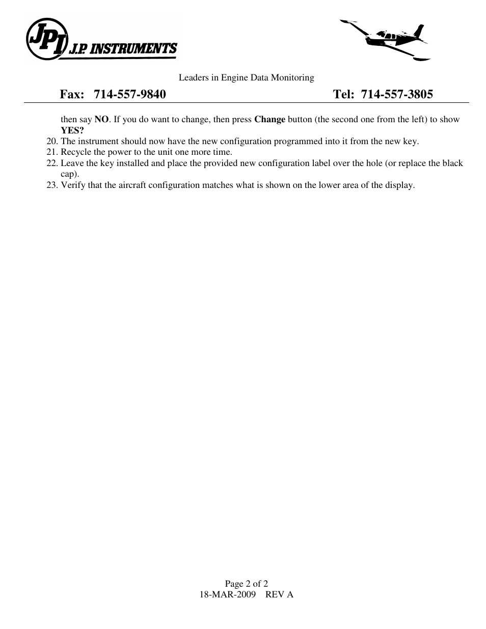 J.P. Instruments EDM 930 Primary Primary Key Installation Procedure User Manual | Page 2 / 2