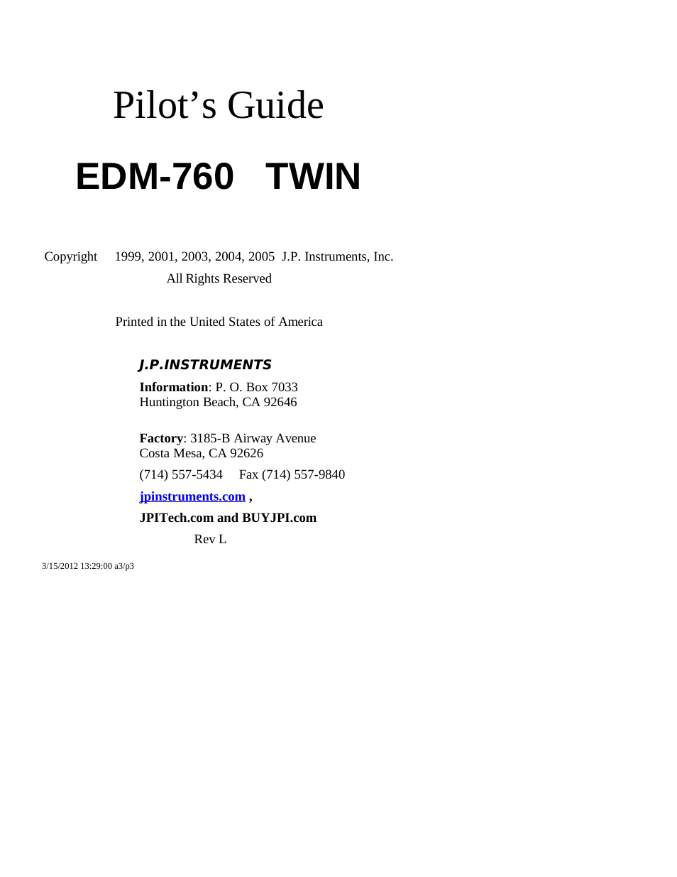Pilot’s guide, Edm-760 twin | J.P. Instruments EDM 760 Pilots Guide User Manual | Page 3 / 59