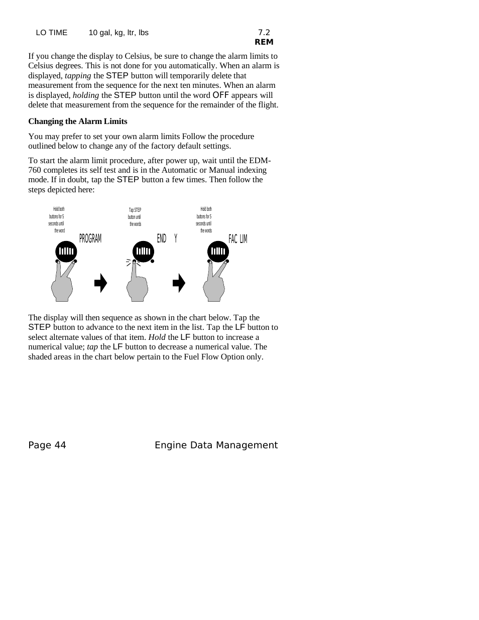 Changing the alarm limits, Fac lim, End y | Program | J.P. Instruments EDM 760 Pilots Guide User Manual | Page 48 / 59