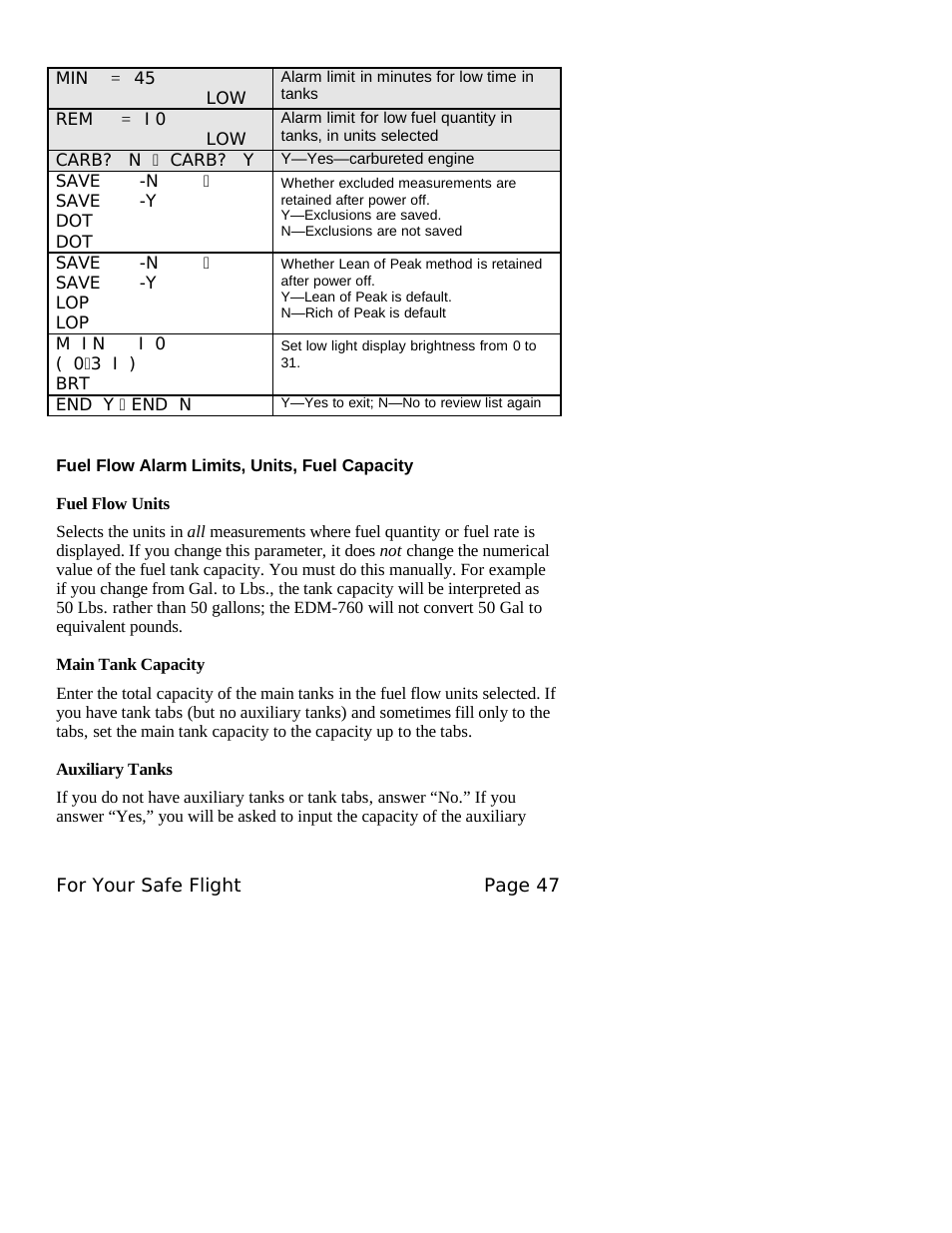 Main tank capacity, Auxiliary tanks | J.P. Instruments EDM 760 Pilots Guide User Manual | Page 51 / 59