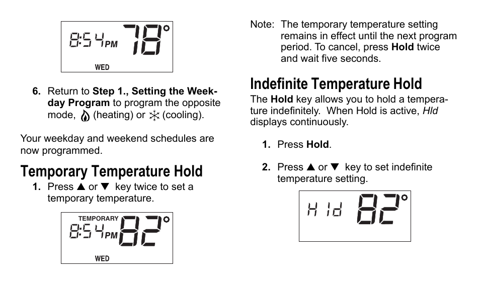 Temporary temperature hold, Indefinite temperature hold | American Standard 340 User Manual | Page 16 / 24