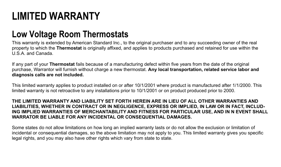Limited warranty, Low voltage room thermostats | American Standard 340 User Manual | Page 23 / 24