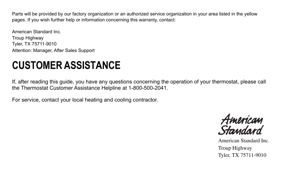 Customer assistance | American Standard 340 User Manual | Page 24 / 24