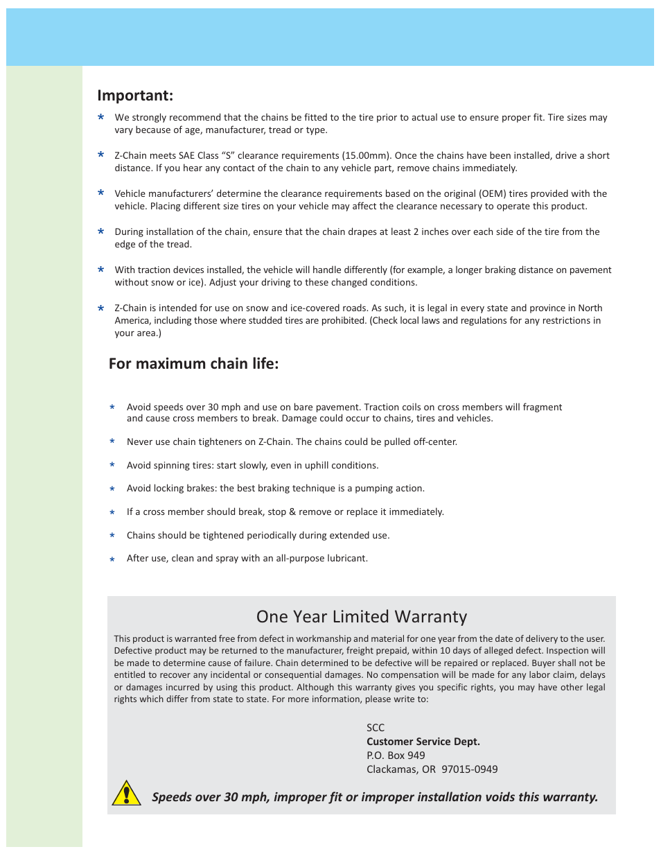 One year limited warranty, For maximum chain life: important | Security Chain Co (SCC) Z-Chain User Manual | Page 3 / 3