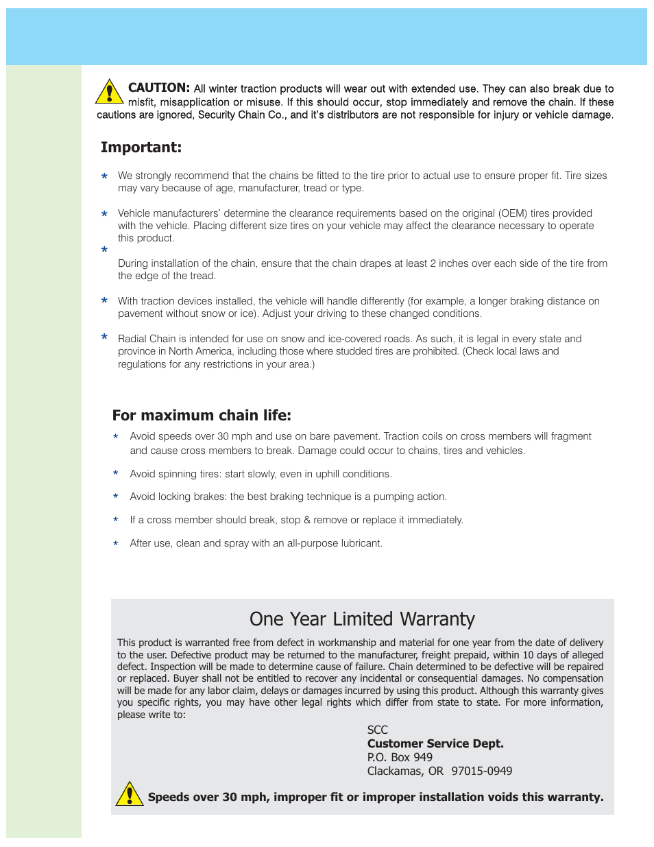 One year limited warranty | Security Chain Co (SCC) Radial Chain User Manual | Page 3 / 3