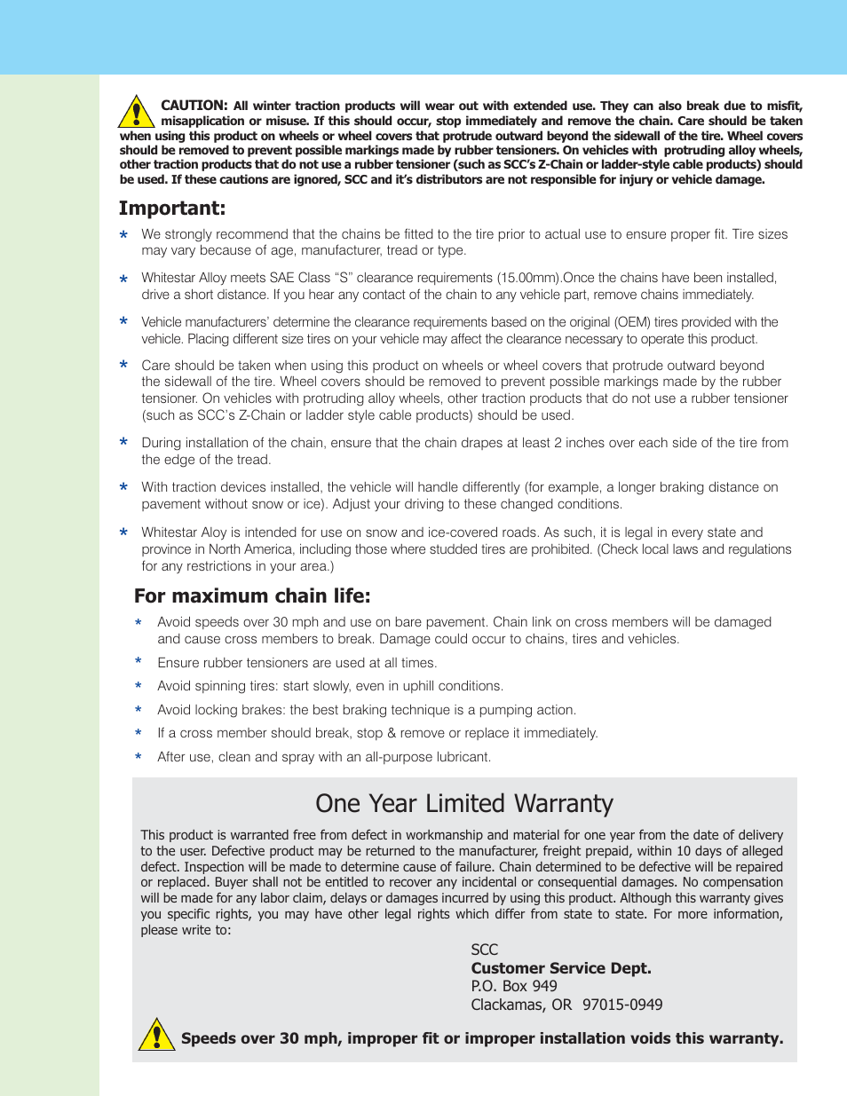 One year limited warranty | Security Chain Co (SCC) Whitestar Alloy User Manual | Page 3 / 3