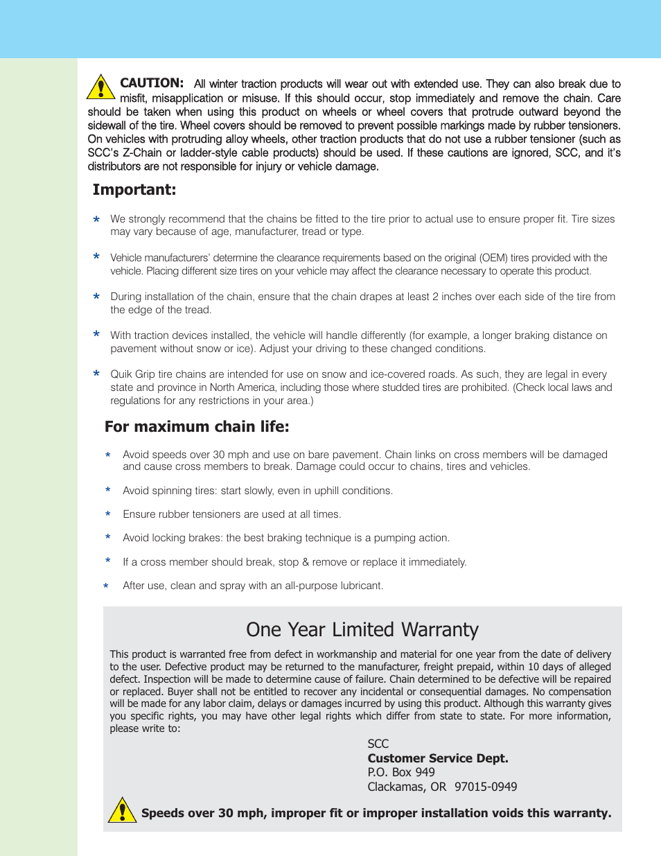 One year limited warranty | Security Chain Co (SCC) Quik Grip (1100 series) User Manual | Page 3 / 3