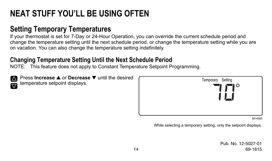 Neat stuff you’ll be using often, Setting temporary temperatures | American Standard ASYSTAT302C User Manual | Page 14 / 68