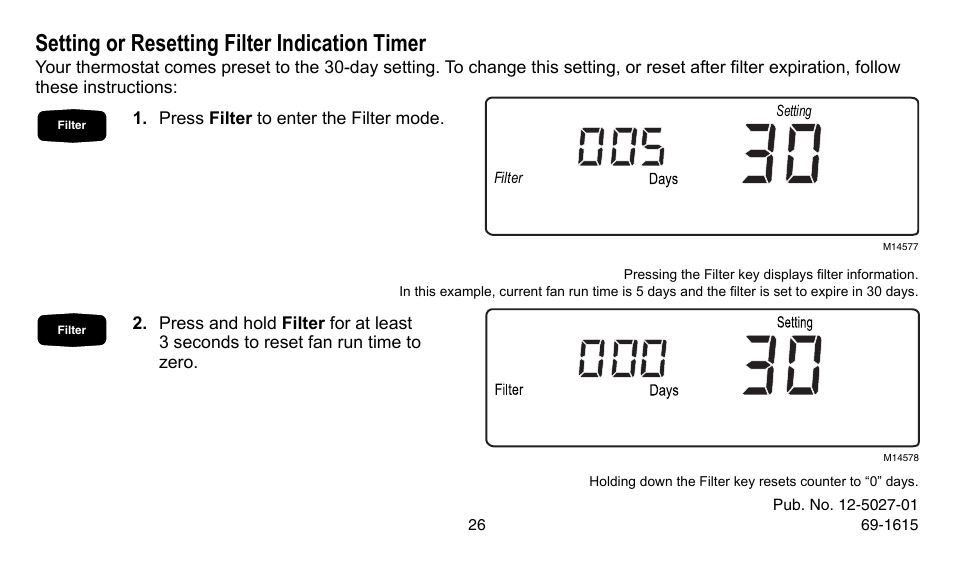 Setting or resetting filter indication timer | American Standard ASYSTAT302C User Manual | Page 26 / 68