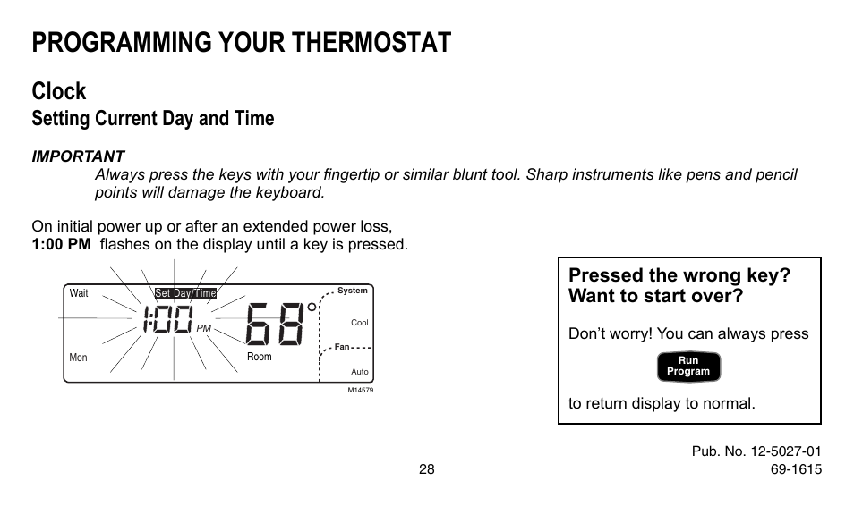 Programming your thermostat, Clock, Setting current day and time | Pressed the wrong key? want to start over | American Standard ASYSTAT302C User Manual | Page 28 / 68