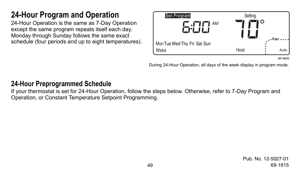 Hour program and operation, Hour preprogrammed schedule | American Standard ASYSTAT302C User Manual | Page 49 / 68