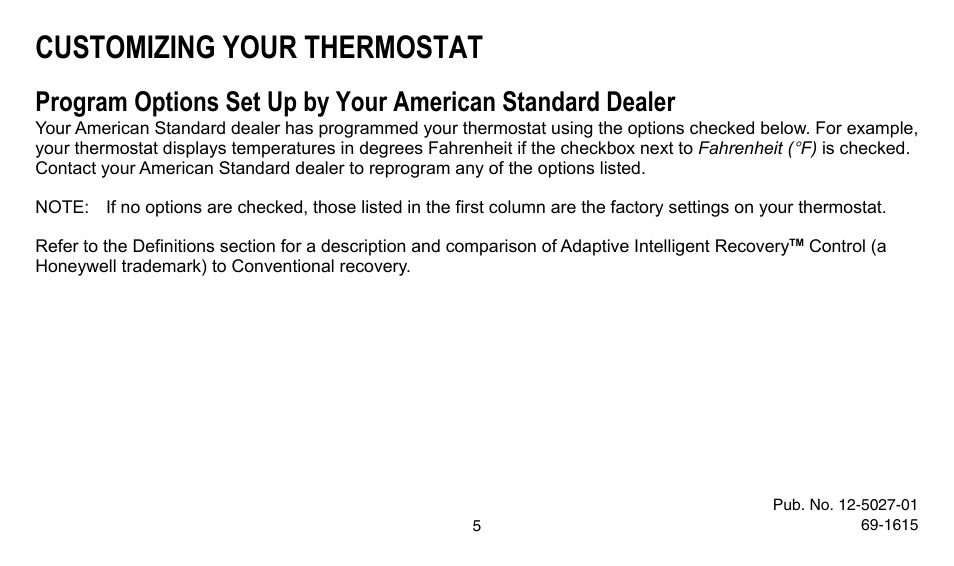 Customizing your thermostat | American Standard ASYSTAT302C User Manual | Page 5 / 68