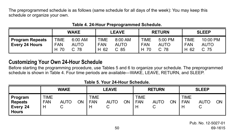 Customizing your own 24-hour schedule | American Standard ASYSTAT302C User Manual | Page 50 / 68