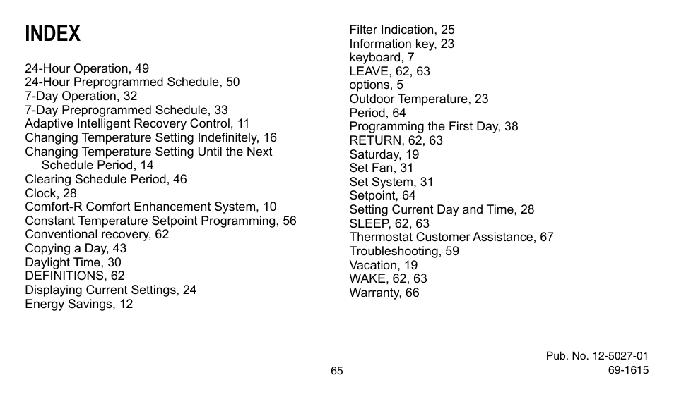 Index | American Standard ASYSTAT302C User Manual | Page 65 / 68