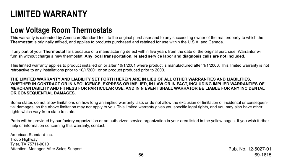 Limited warranty, Low voltage room thermostats | American Standard ASYSTAT302C User Manual | Page 66 / 68