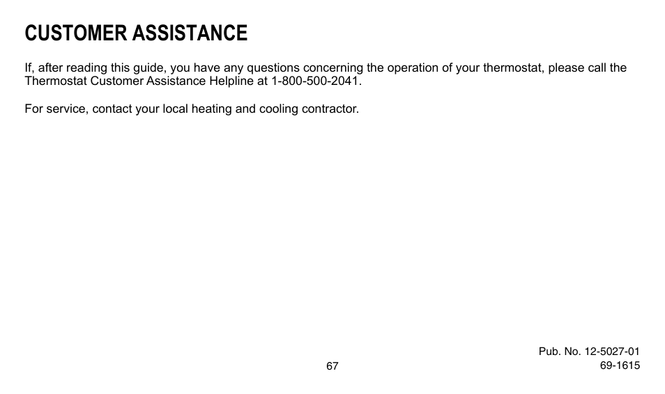 Customer assistance | American Standard ASYSTAT302C User Manual | Page 67 / 68
