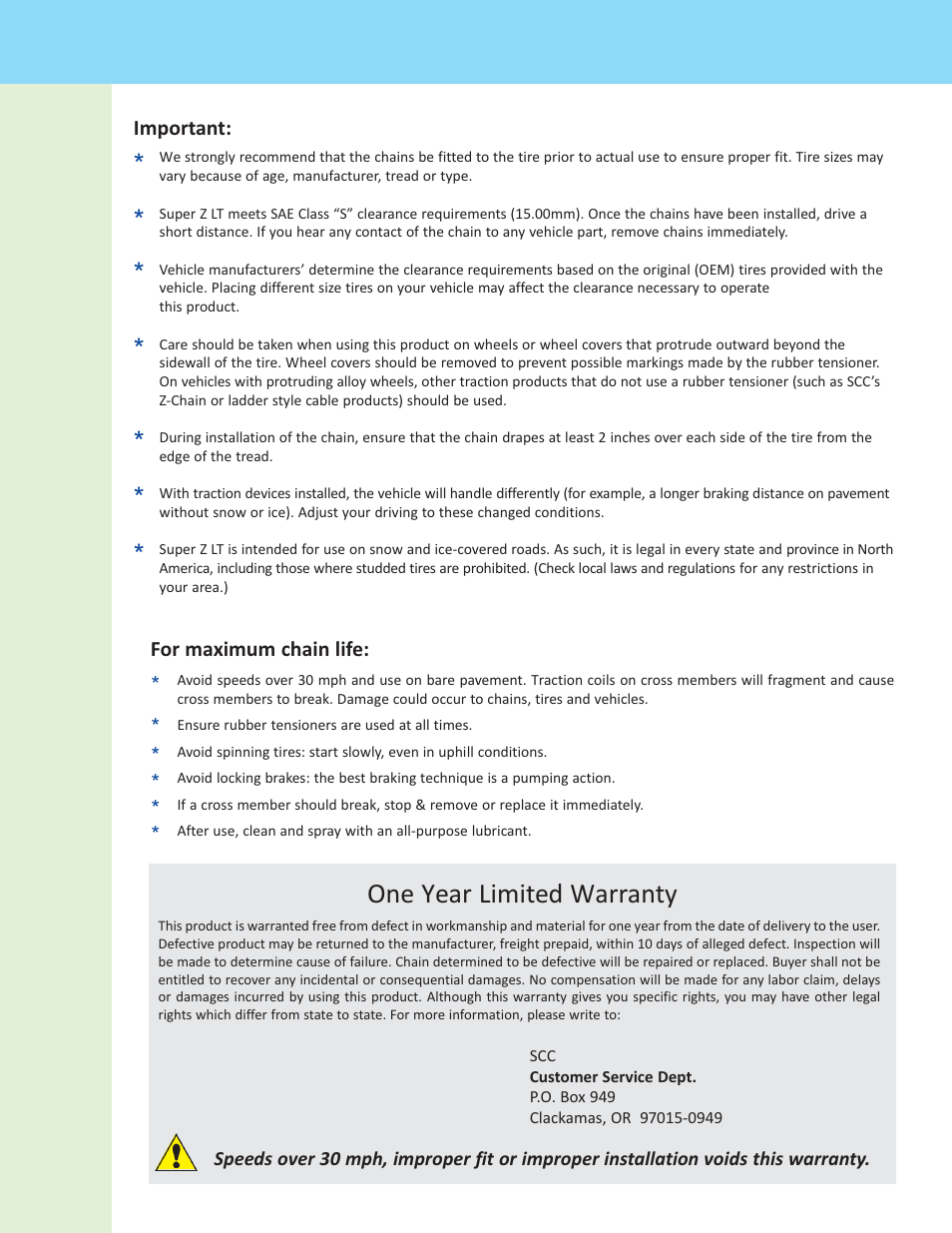 One year limited warranty | Security Chain Co (SCC) Super Z LT User Manual | Page 3 / 3