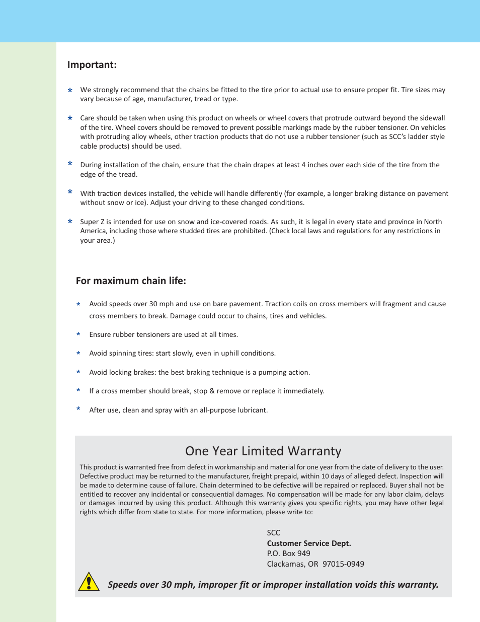 One year limited warranty | Security Chain Co (SCC) Super Z Single User Manual | Page 3 / 3