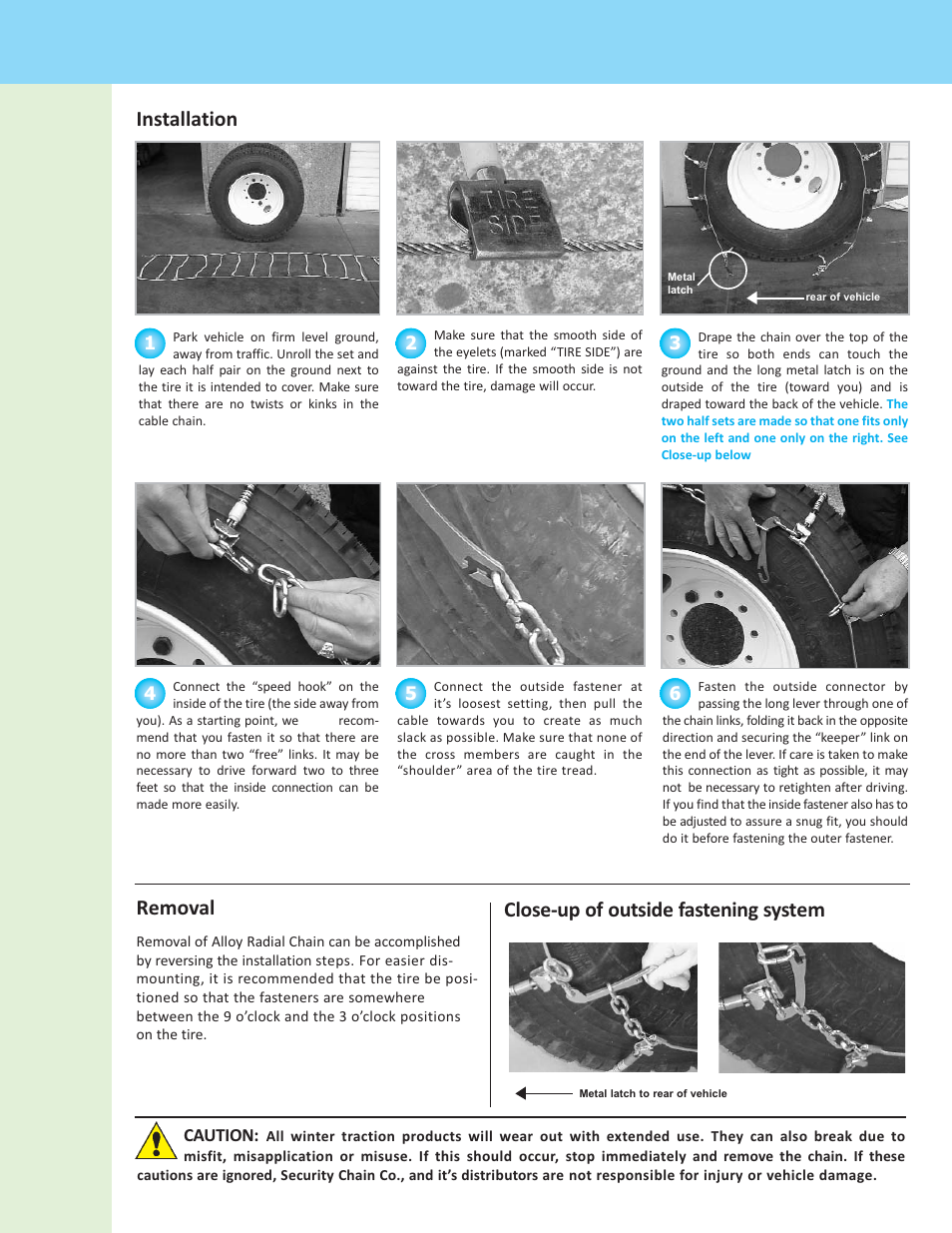 Installation removal, Close-up of outside fastening system | Security Chain Co (SCC) Alloy Radial Chain Single User Manual | Page 2 / 3