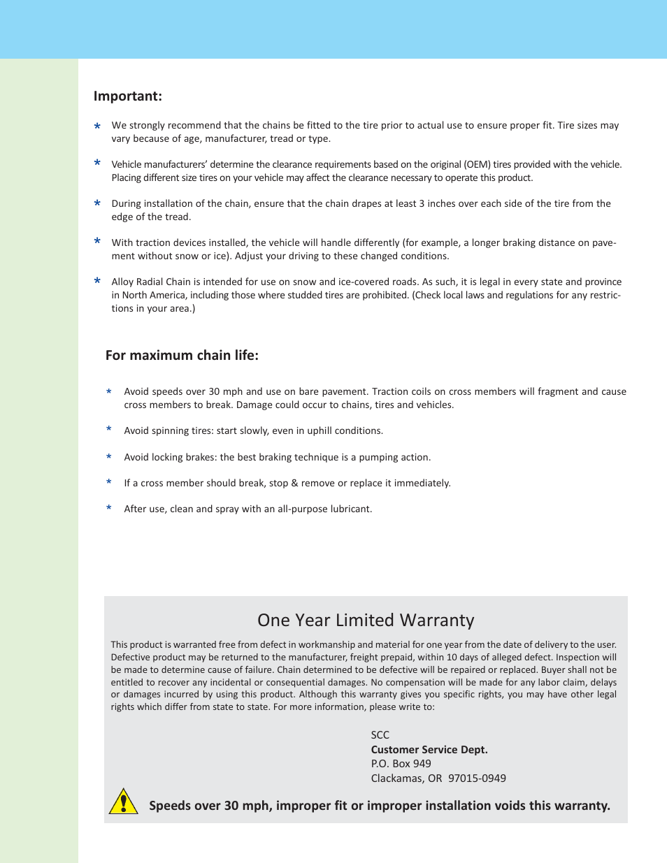 One year limited warranty | Security Chain Co (SCC) Alloy Radial Chain Single User Manual | Page 3 / 3