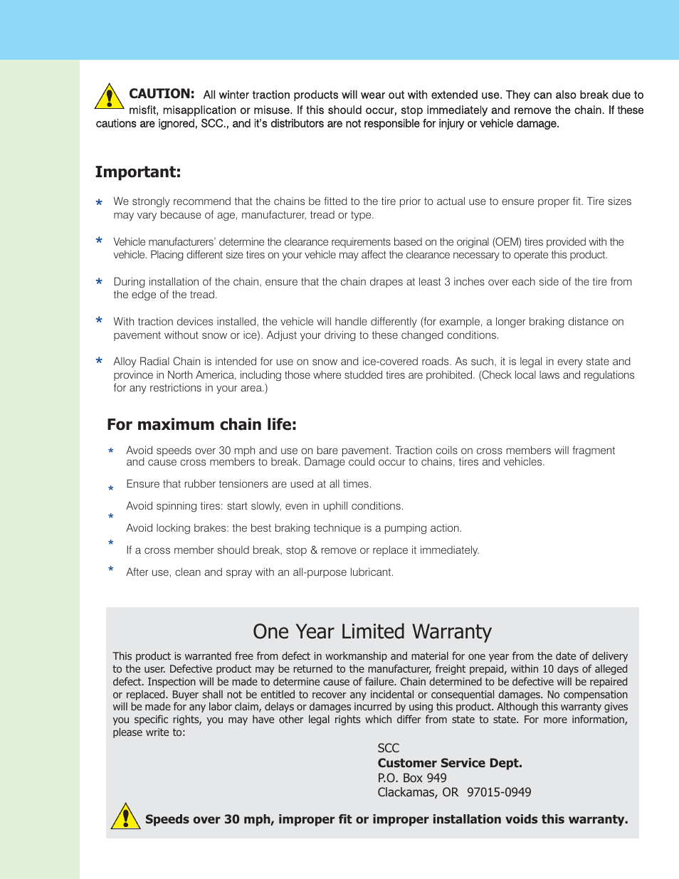 One year limited warranty | Security Chain Co (SCC) Alloy Radial Chain Dual User Manual | Page 3 / 3