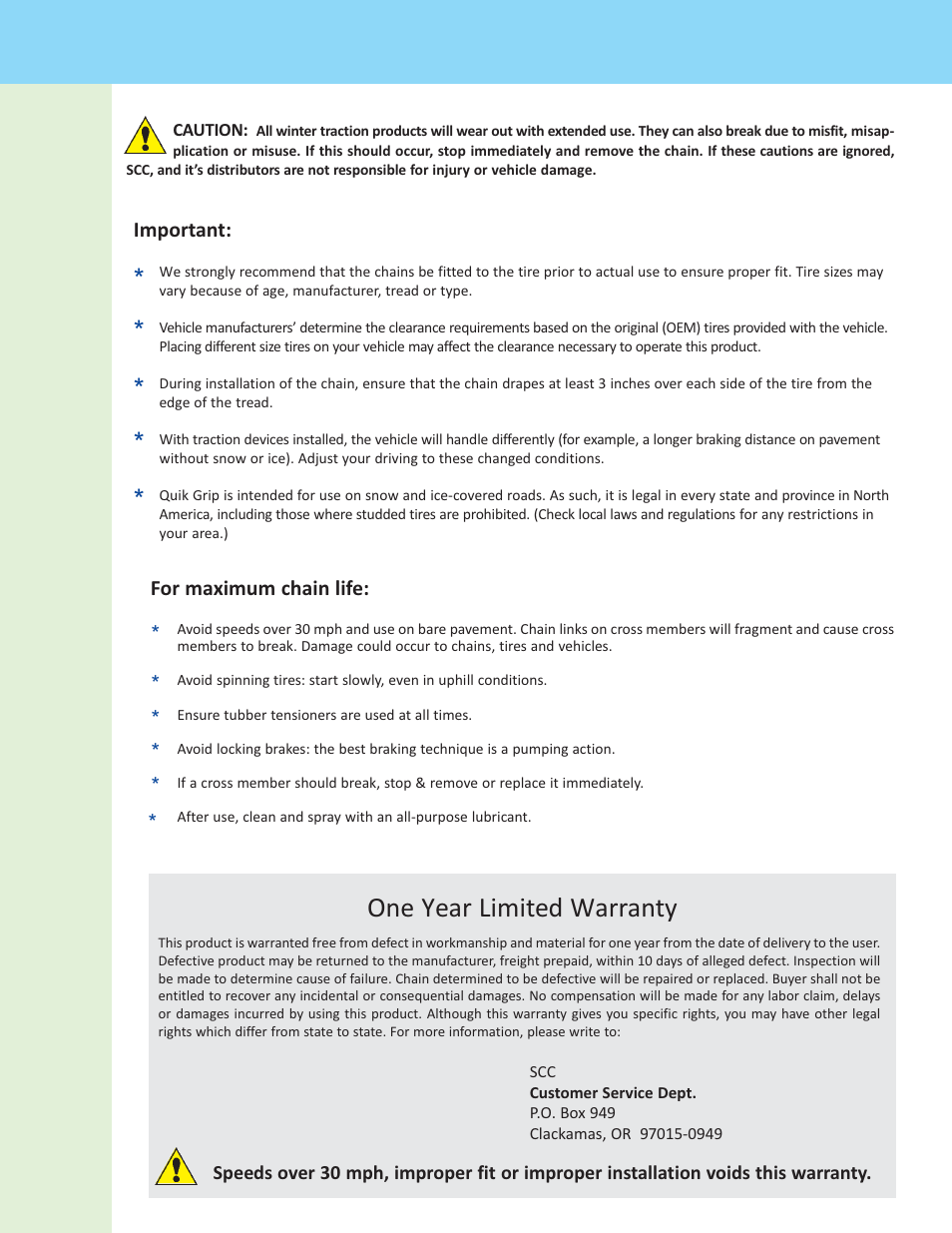 One year limited warranty | Security Chain Co (SCC) Quik Grip Non-CAM Single User Manual | Page 3 / 3