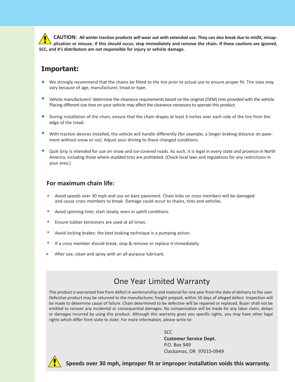 One year limited warranty | Security Chain Co (SCC) Quik Grip Non-CAM Dual User Manual | Page 3 / 3
